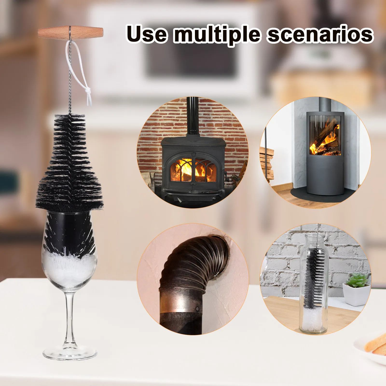 2Pcs Wood Stove Brush Chimney Cleaner Fireplace Wire Brush Sturdy Wood Handle Extended Reach for Safe Efficient Chimney