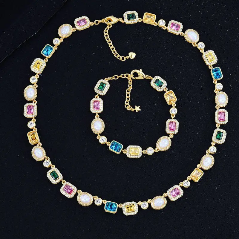Retro luxury street men opal gem stone tennis set adjustable necklace bracelet for rapper formal dating night gathering events