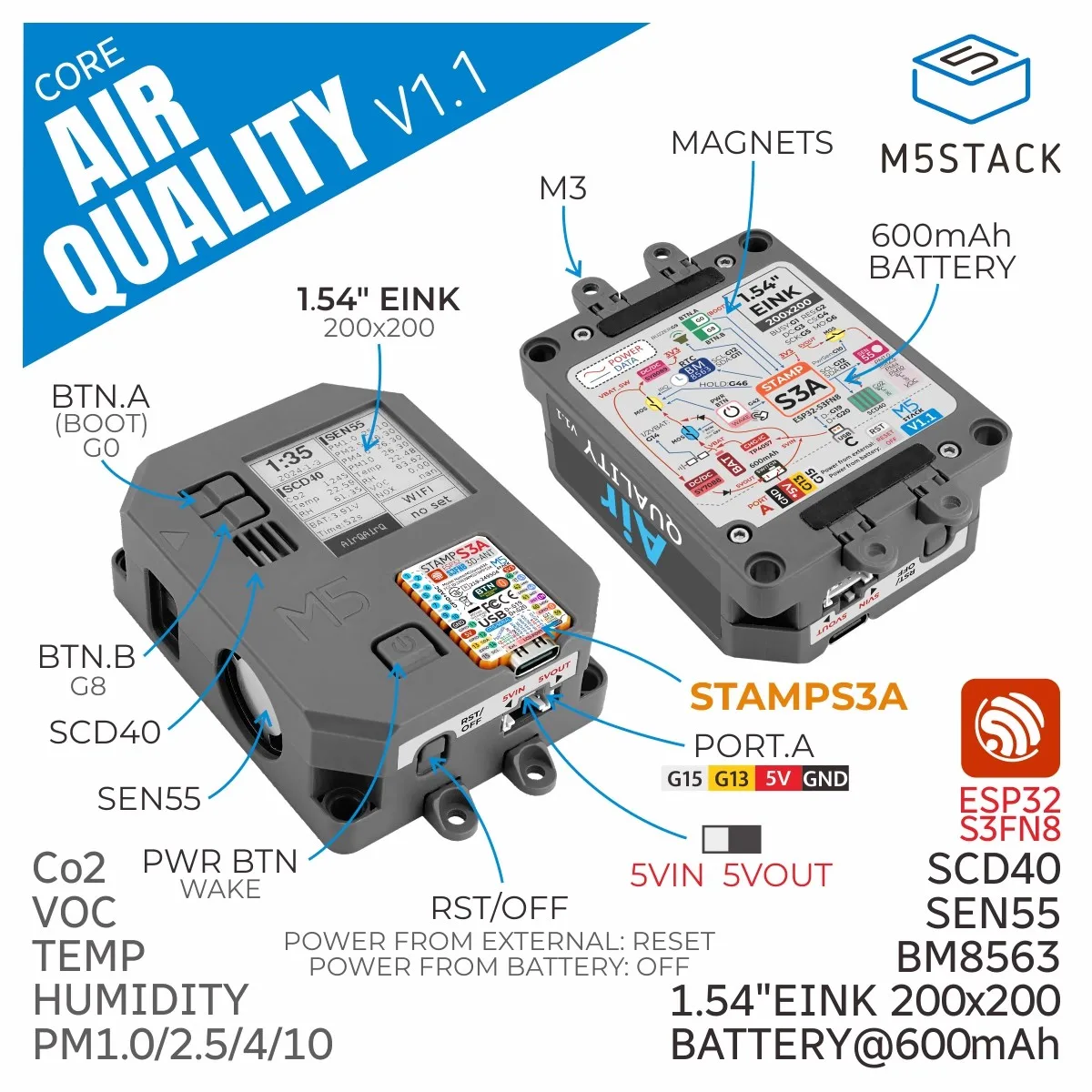 

M5Stack Air Quality V1.1 low-power air quality monitoring device Stamp-S3A