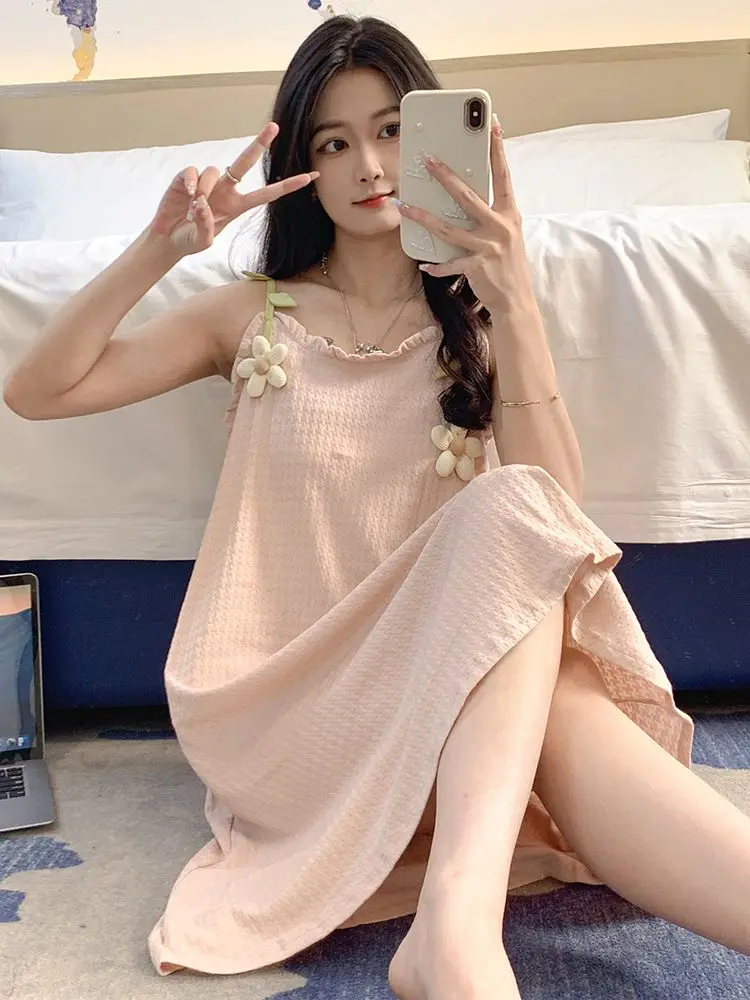 Women Cute Nightgown Pajamas Milk Silk Floral Sleepwear Dress Sweet Spaghetti Strap Nightdress Girls Cozy Home Clothing Dress