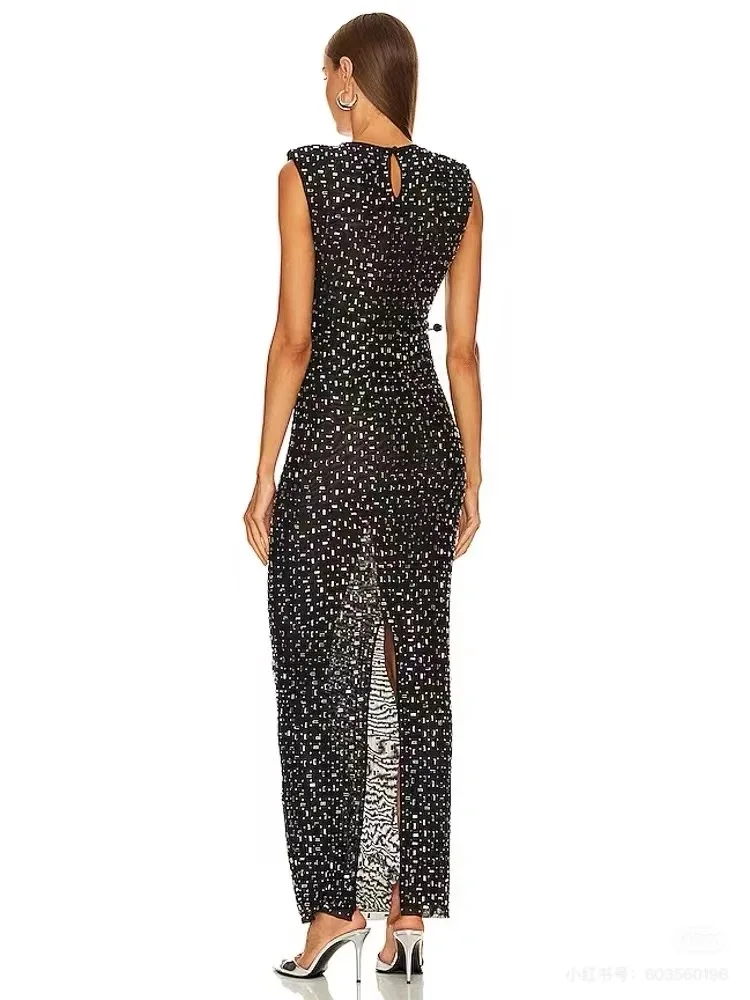 Vrouwen Luxe Heldere Kristallen Mesh Jurk Zwart Mouwloos Uitgesneden Enkellange Een Stuk Celebrity Eevning Club Party Jurken Gast