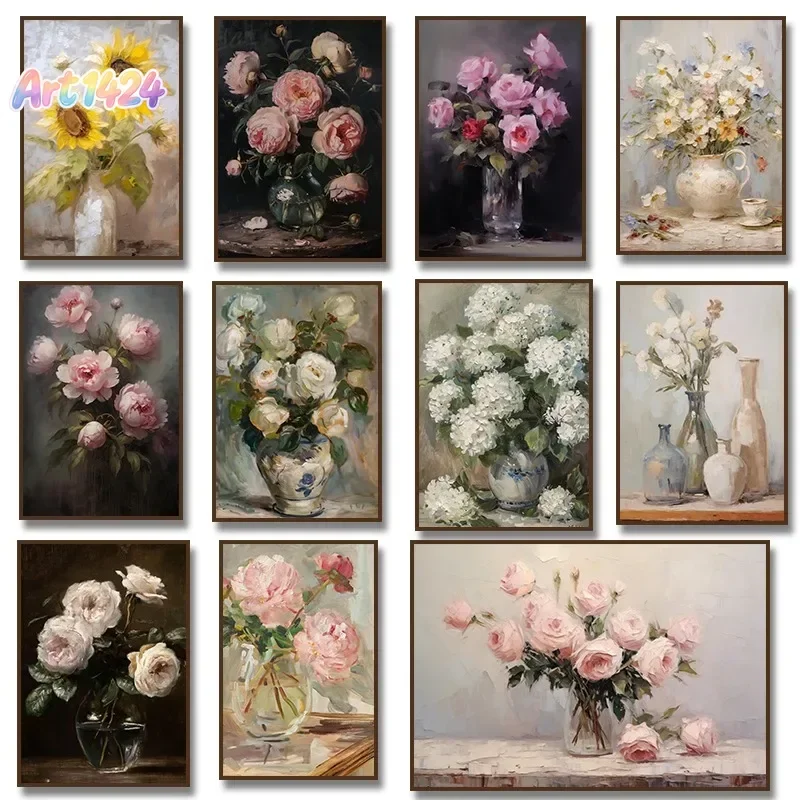 Vintage Kitchen Still Life Canvas Painting Moody Flower Daisies Roses in A Vase Poster Wall Art Botanical Room Home Decor