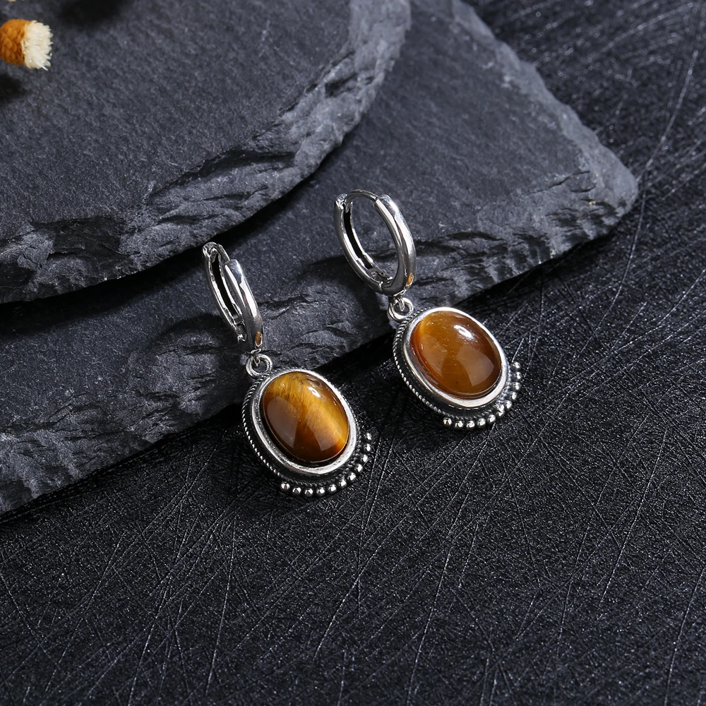 

Fine 925 Sterling Silver Natural Tiger eye Earring for Women Vintage Elegant Labradorite Moonstone Jewelry Wedding Birthday Gift