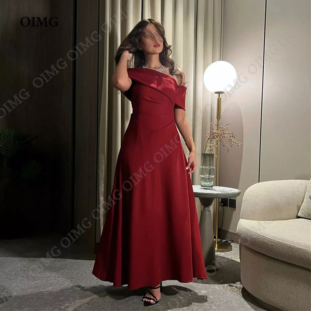 

OIMG Simple Strapless Satin Long Prom Party Dresses Red A Line Off Shoulder Evening Gowns Formal Party Dress vestidos de noche