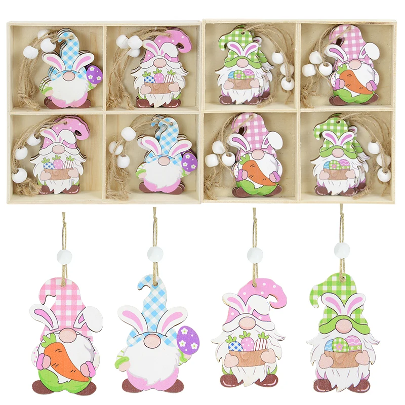 12pcs/Box Easter Bunny Faceless Gnome Doll Wooden Pendants Car Hanging Ornaments 2024 Easter Decorations for Home Kids Gifts