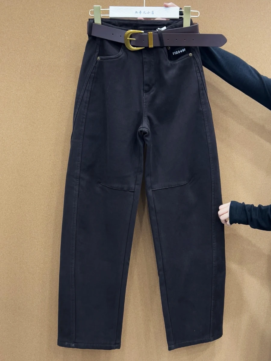 

Thiened Fce Winter Jeans High Waist Straight Leg Pants Belted Knife Long Trousers plus Size Slimming Casual Wear
