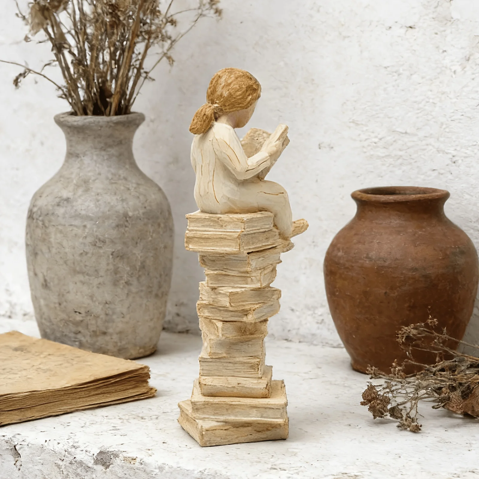 1-Piece Girl Reading Figure Inspirational Ornament, a Gift for Women Who Love Books, a Thinker's Desktop Statue for Educators, Students, and Librarians view 3