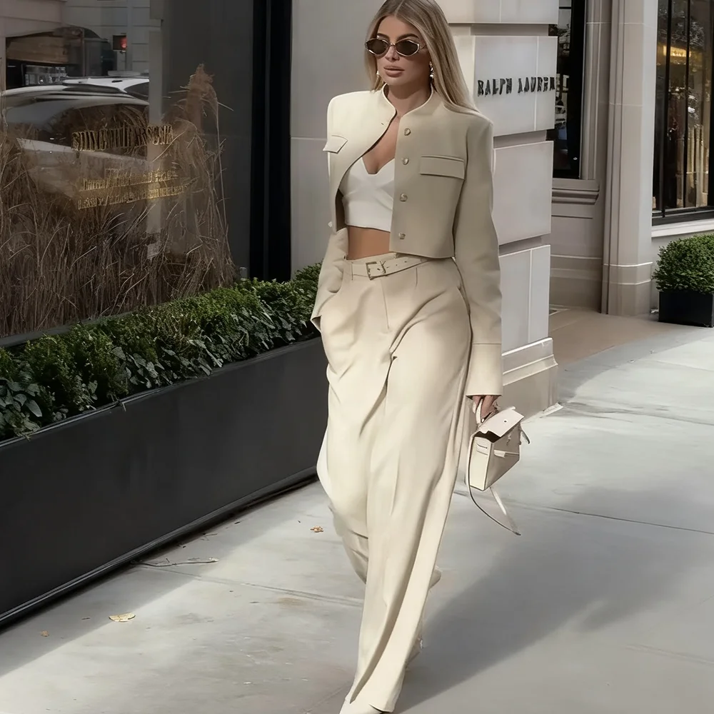 Beige Cropped Blazer Suit Set New Women's Jackets Single Breasted Round Neck Fashion Streetwear Elegant Office Lady Outerwears