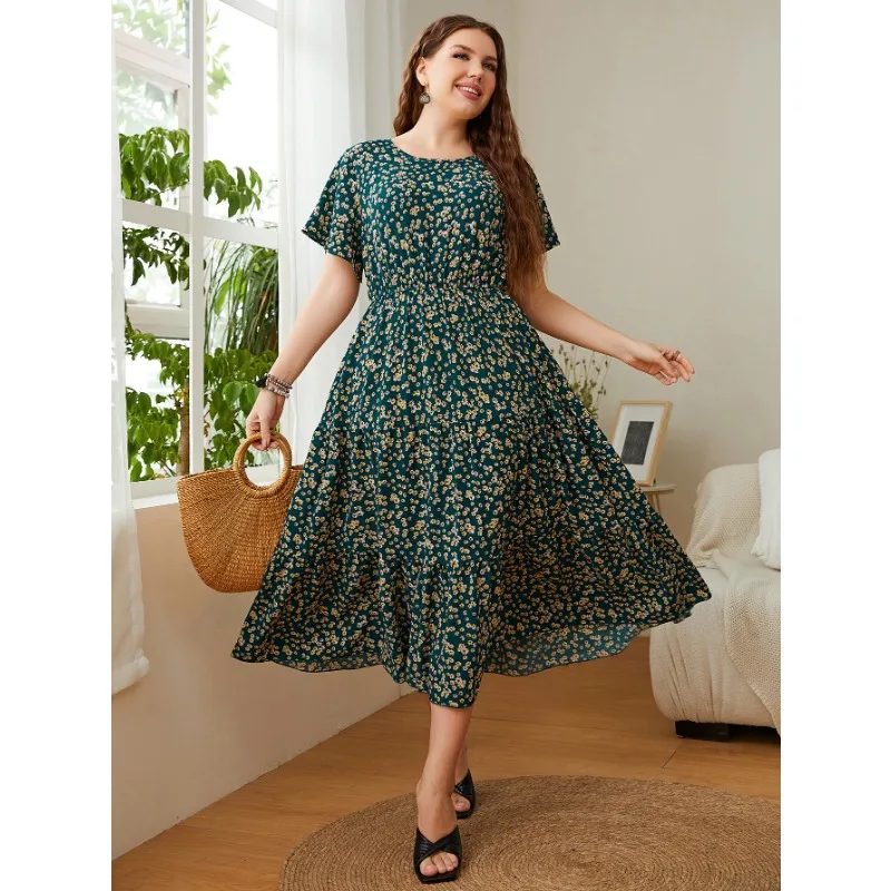 Wsfec XL-4XL Plus Size Jurk Vrouwen Kleding Zomer Print Korte Mouw Ronde Hals Casual Elegante Midi Jurk Dropshipping