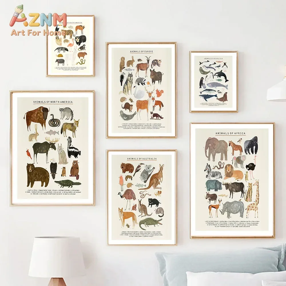 AZNM World Continent Animals Chart Canvas Wall Art, Vintage Wildlife Species Illustration Print, Frameless Canvas Painting for R
