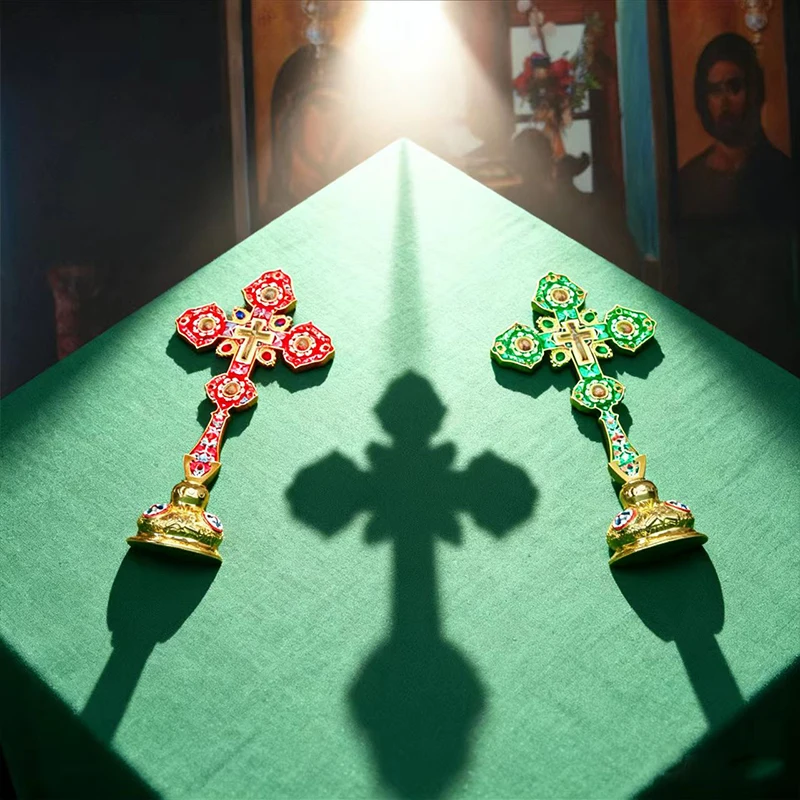 Luxury Orthodox Christian Gift Gold-Plated Green Cloisonne Standing Cross Church-Grade Altar Crucifix for Spiritual Home Decor