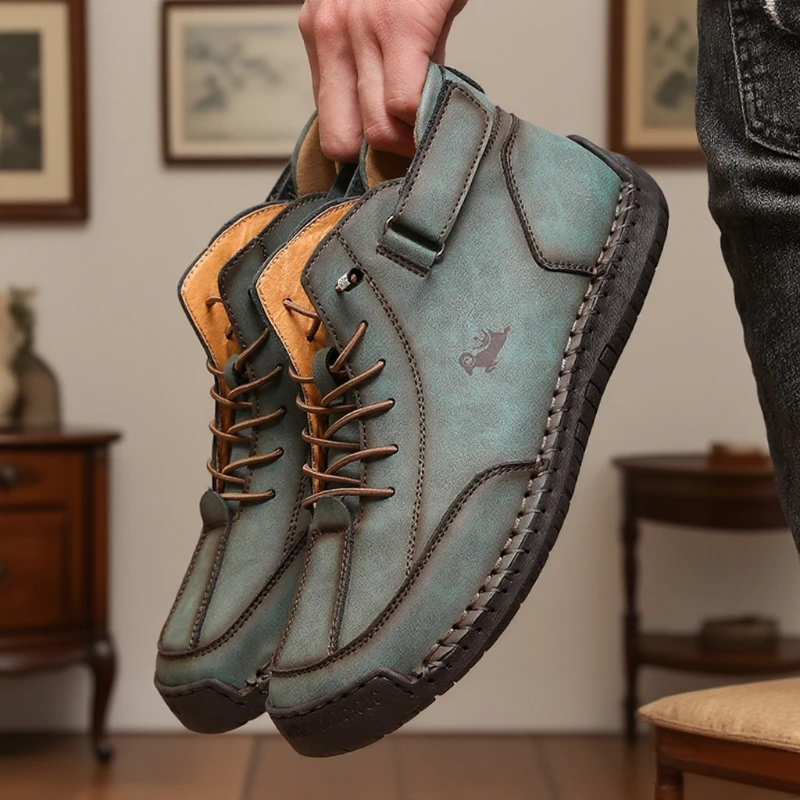 Handmade Leather Casual Shoes Fashion Men Ankle Boots Business Outdoor Soft Classic Flats Loafers Moccasin Sneaker Blue