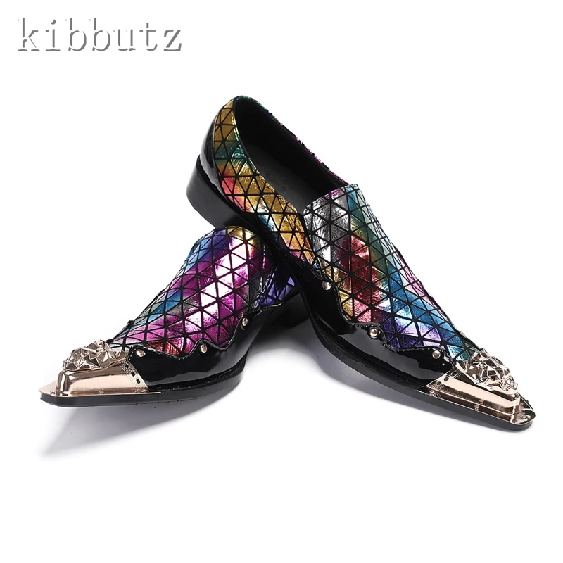 Luxury Design Mixed Color Bright Leather Shoes Metal Pointy Toe Slip On Loafers Men Wedding Nightclub Oxfords Shoes