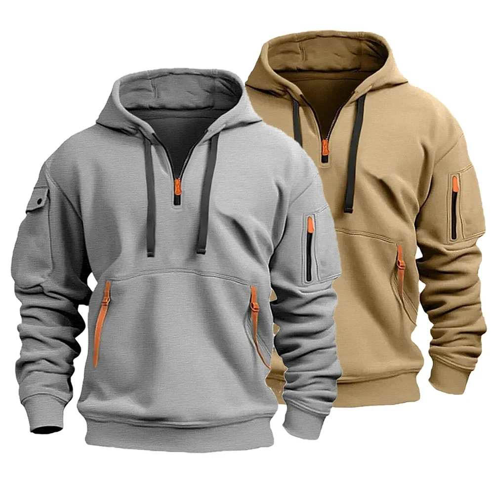 Nieuwe herfst winter effen halve rits hoodies heren multi-zakken tactische hooded sweatshirts casual losse sport trui jassen