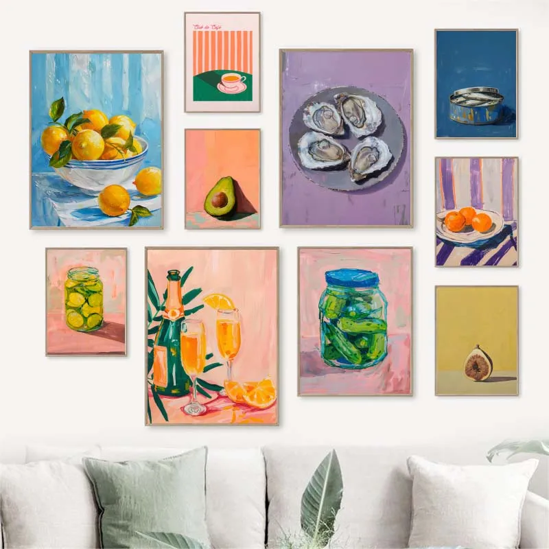 1PC frameless decorative art print,Canvas Painting Vintage Dining Fruit Orange Avocado Tomato Coffee Posters Wall Art Picture Fo