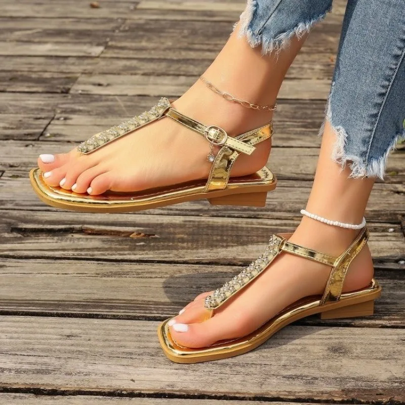 Designer Sandals for Women 2024 Summer Simple Gold Women\'s Open Toe Sandals Large Size Casual Comfortable Beach Ladies Shoes