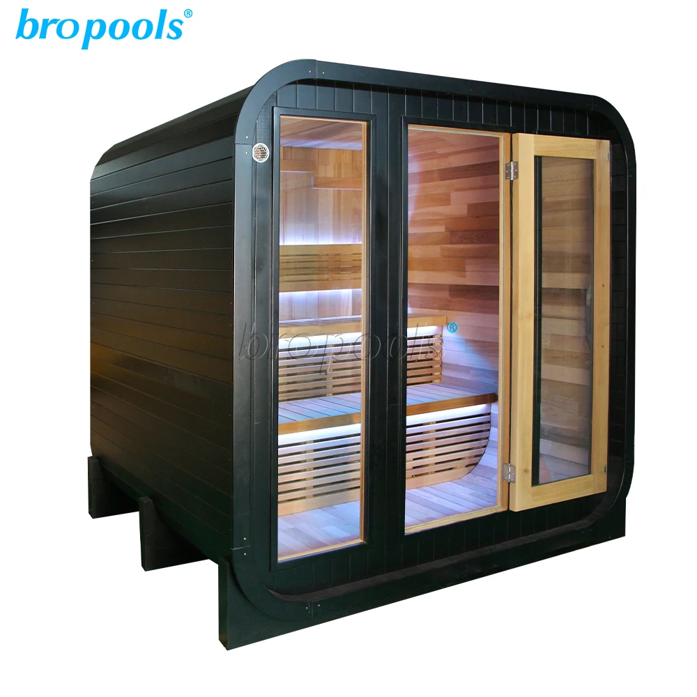 Modern Design Outdoor Cube Red Cedar 4-Person Electric Stove Heater Dry Steam Far Infrared Eco-Friendly Sauna Room Control Panel