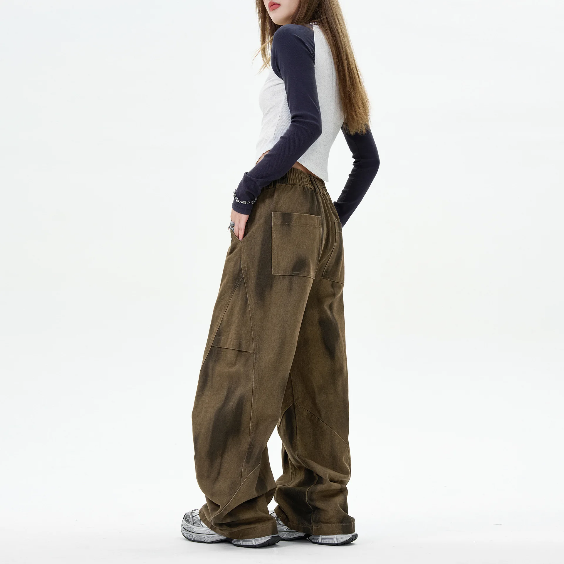 OR FL Tie-dye Gradient Curved Knife 100 Cotton Women Cargo Trousers Trendy Brand Pleated Wide Leg Leisure Staraight Pants Y2k