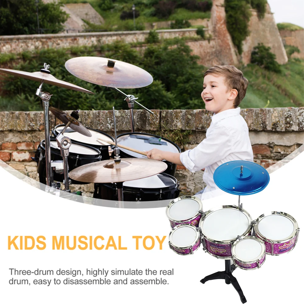 Jazz Drum Set Kids 5 Drums With Small Stool Drum Stick Set Desktop Music Instrument Educational Toy Beginners Baby Gifts