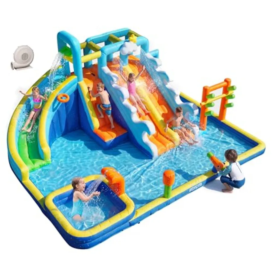 

Outdoor kids' inflatable triple slide water park with PVC material, blue and yellow color, quick-setup 750W blower and integrat