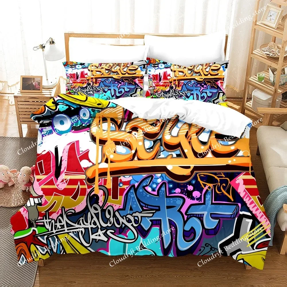 Cartoon Style Hip-Hop Graffiti 3D Printed Duvet Cover Pillowcase Bedding Set, Teenagers Bedroom Decor Bed Kit，Single_Queen Size0