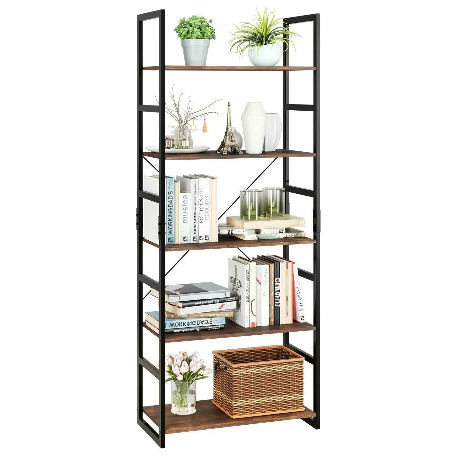 

Homfa 5 Tiers Industrial Ladder Shelf Vintage Bookshelf Storage Book Shelf for Office Bathroom Living Room 60x 30x165 cm