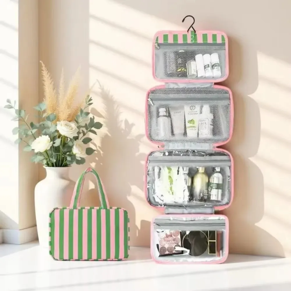 Tragbare Hängende Reise-Toilettentasche 4-fach Faltbar mit Haken Kosmetik-Organizer Große Kapazität Gestreifte Kosmetiktasche für Outdoor – Detail 2