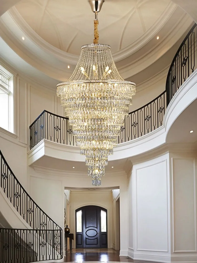 

Large Ceiling Long Crystal Chandelier Hotel Lobby Living Room Luxurious Multi Story Staircase Light Golden Stainless Steel Light