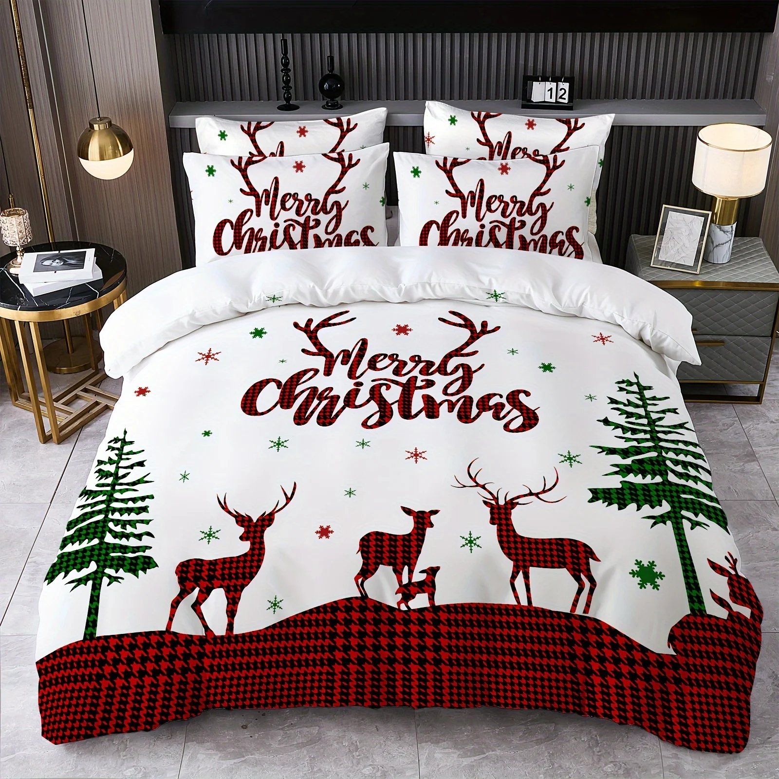 

Merry Christmas Duvet Cover Set Plaid Reindeer Christmas Tree Print Bedding Set Soft Comfortable Duvet Cover For Bedroom