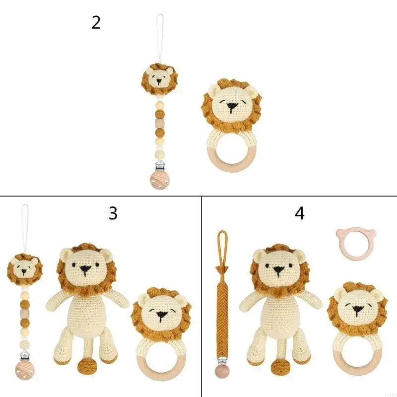 Babies Pacifier Clip Include Baby Teether Rings Theething Lion-Doll Toy for Kid P31B