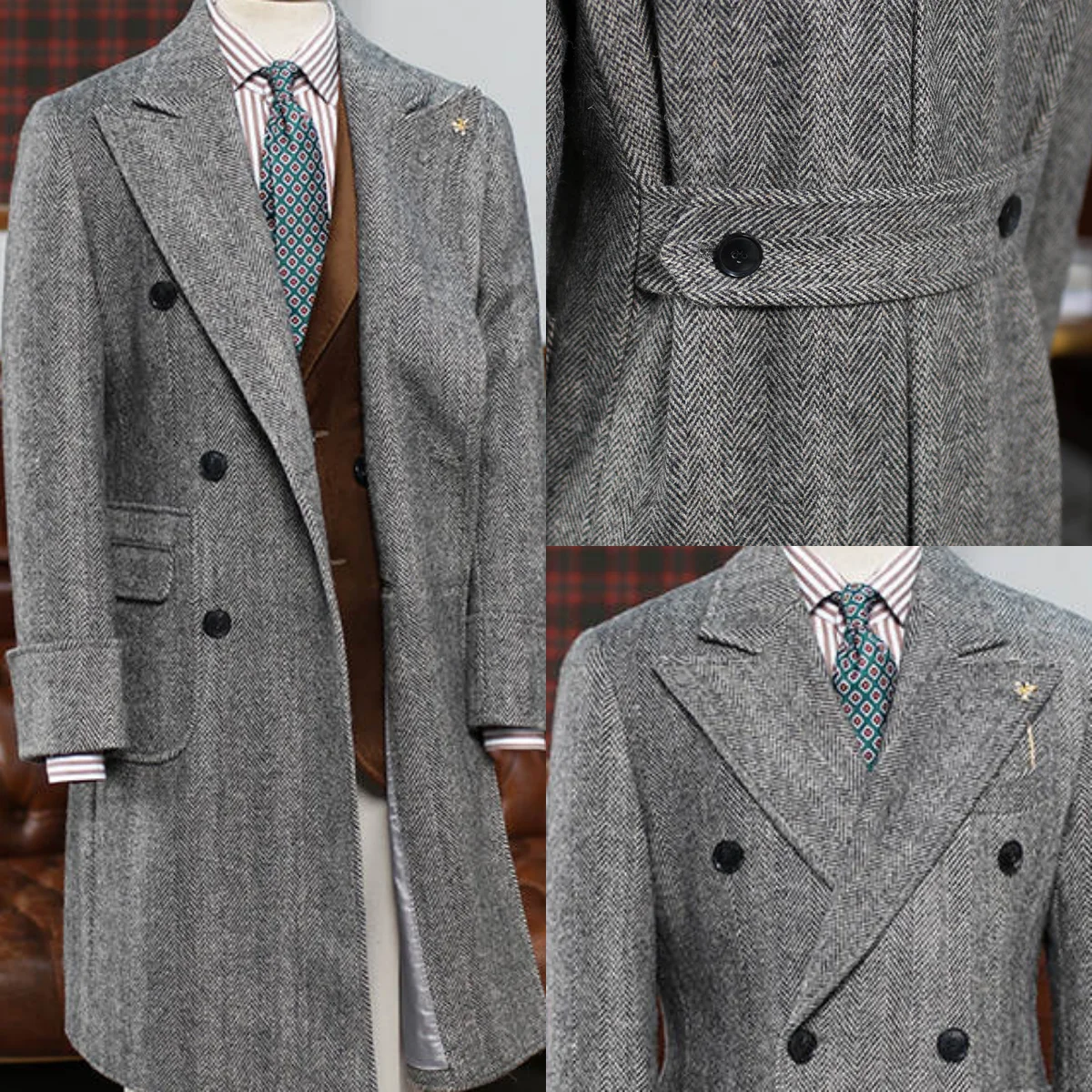 Business One Piece For Men Long Coat Herringbone Double Breasted Warm Windproof Overcoat Classic Customized Blazer