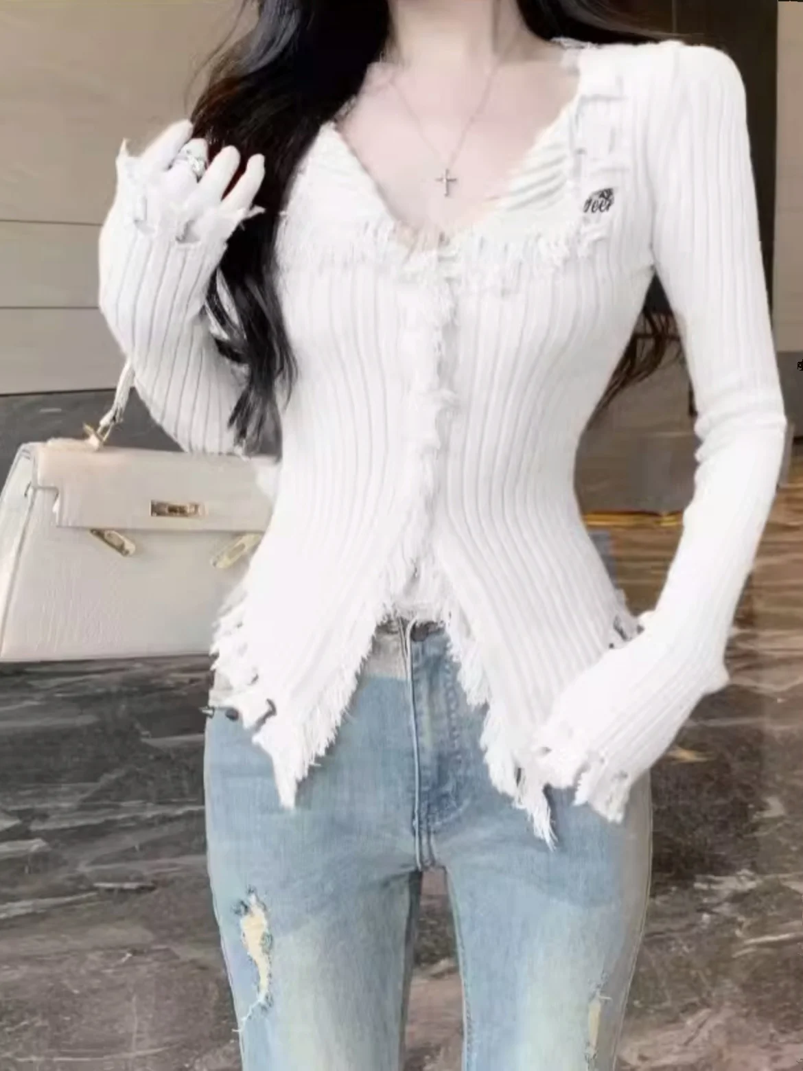 Slim Fit V-Ne Long Sve Gebreid Vest ort Sle Pure Kleur Koreaanse versie Pendelen Sle Herfst Winter Faionable Sw...