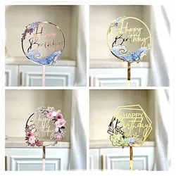 Ocean Wind Happy Birthday Cake Topper Goud Kleurrijk Acryl Kinderfeest Cake Topper Dessert Decoratie Babyshower Cadeaubenodigdheden