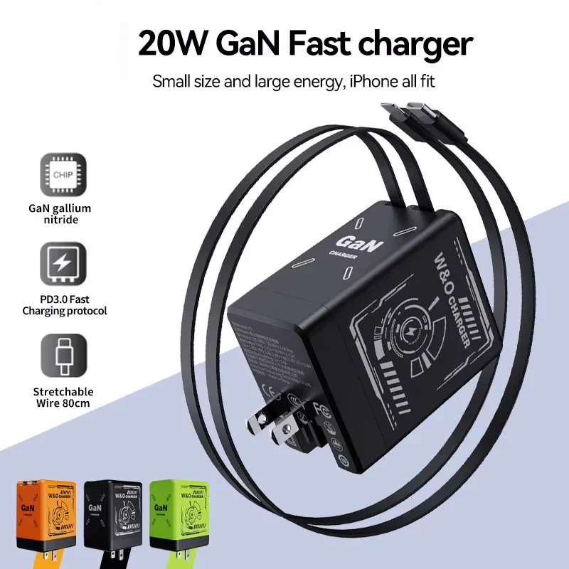 Cargador GaN Compatible con cargador rápido de 120W Cable de iluminación retráctil tipo C Adaptador portátil para iPhone iPad Samsung