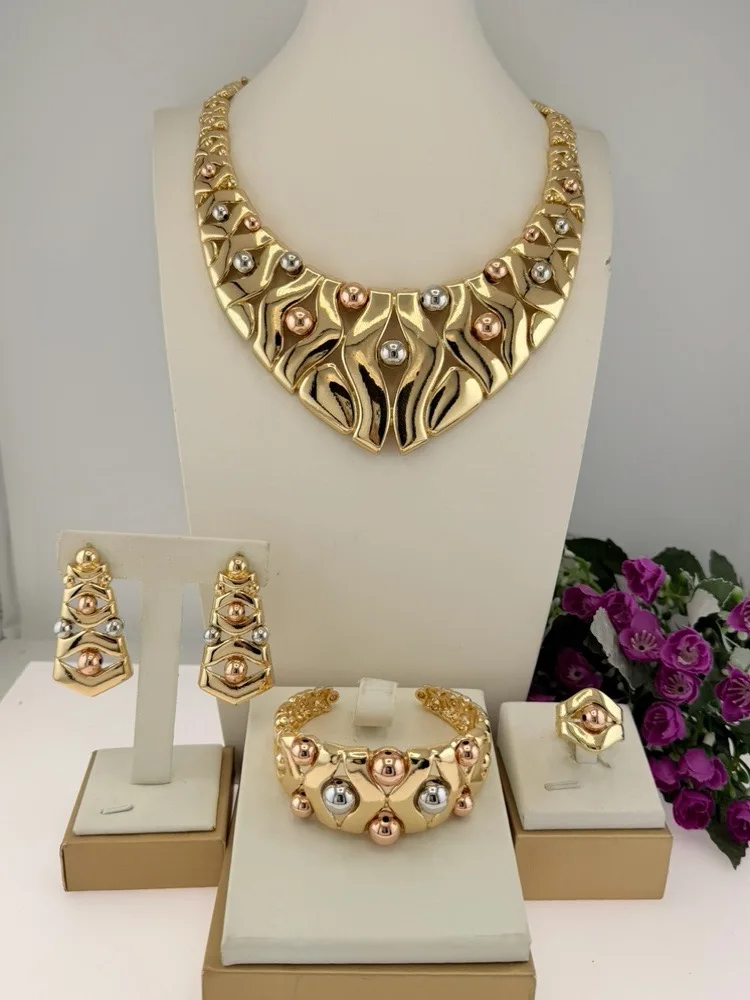 Luxury Geometric Three Tone Italian Jewelry Set Statement Trendy Collar Brazalete Aretes Anillo 4PC Jewels Set for New Year Gift