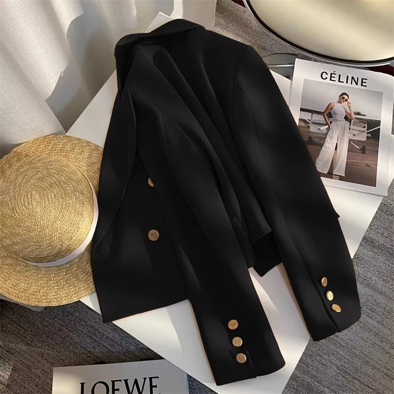 

Весна 2025: Новая черная укороченная куртка-пиджак для женщин в корейском стиле, универсальная, модная, для уличной моды, для невысоких, повседневная