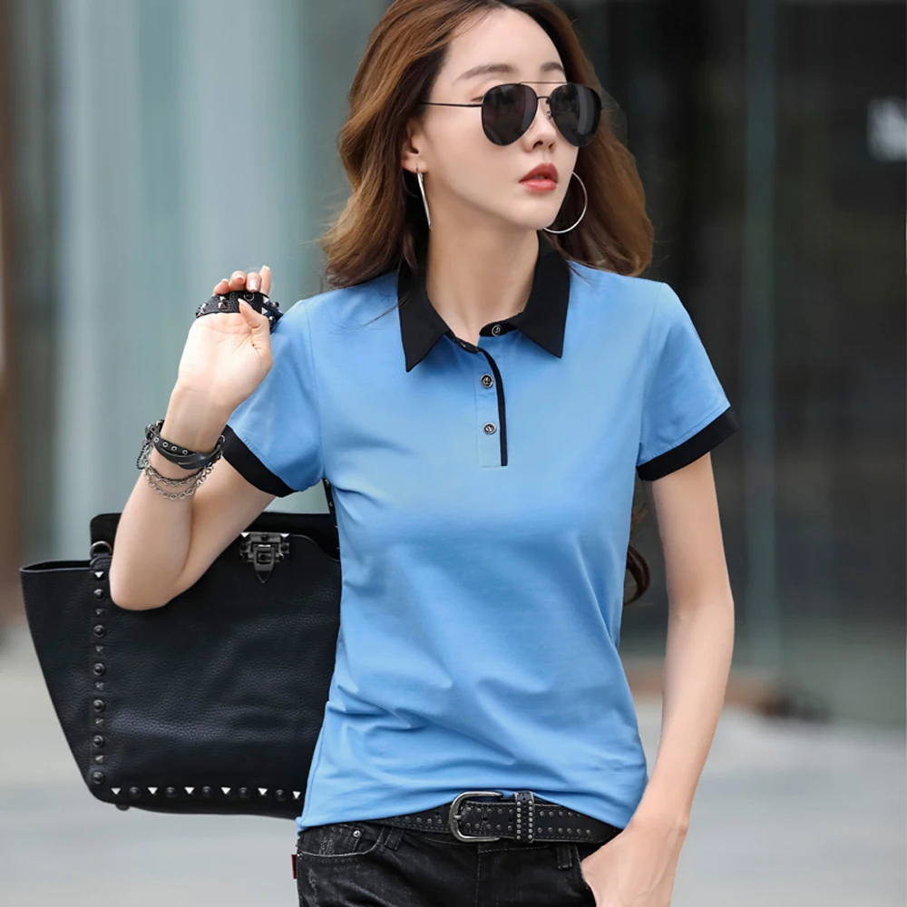 

Korean version short sleeved lapel t-shirt for women's summer new fashionable light luxury pure cotton contrasting casual top