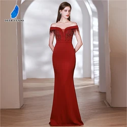 DEERVEADO Luxury Evening Dresses with Beads Women's Elegant Off Shoulder Soft Satin Formal Dress Appliques Party Maxi Dress