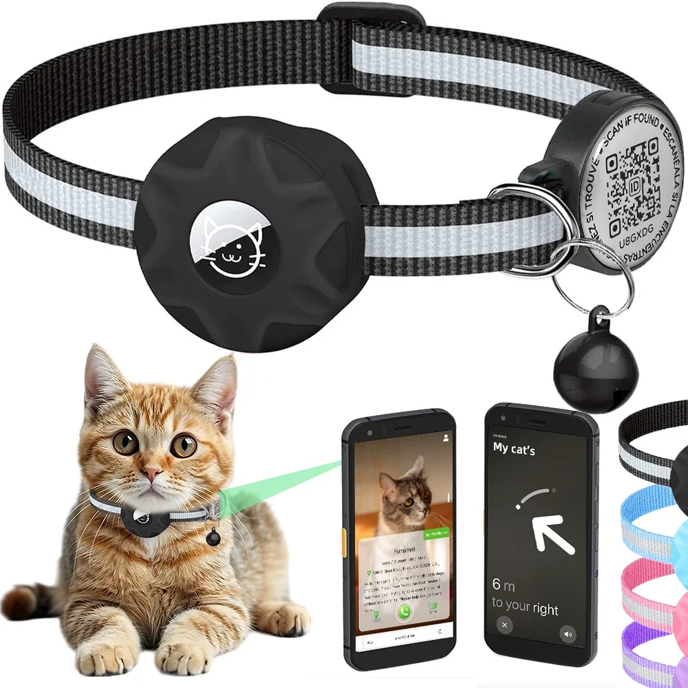 Cat Airtag Collar with Apple Tag Case, QR ID Tag Dual Protection Anti-Lost Kitten Collar for Dog Collar Positioning Reflective