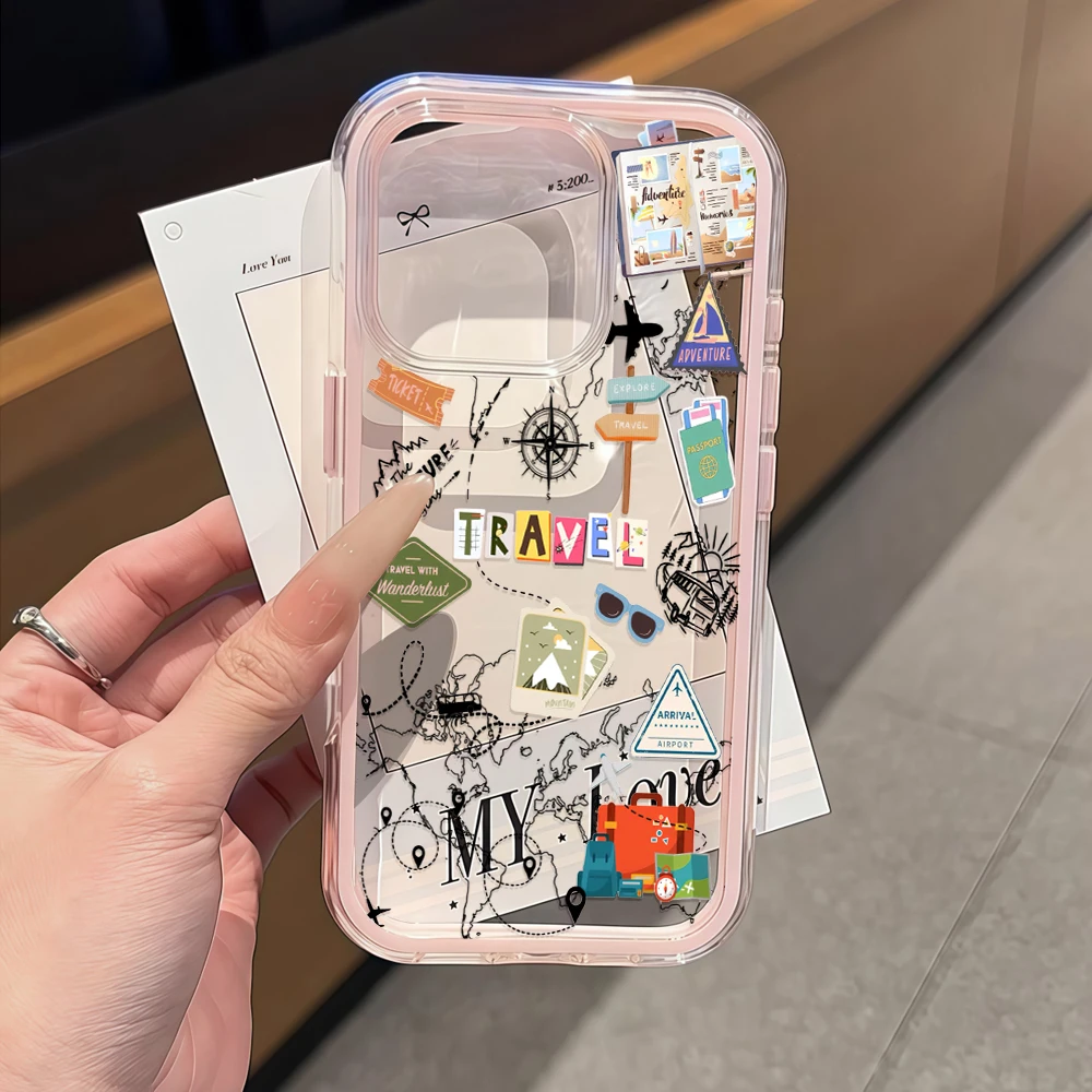 Reise-Abenteuer-Aufkleber-Druck Handyhülle für iPhone 16 14 15 Plus 12 13 14 15 11 17 16 Pro Max Air X XS Transparente Weiche Hülle – Detail 1