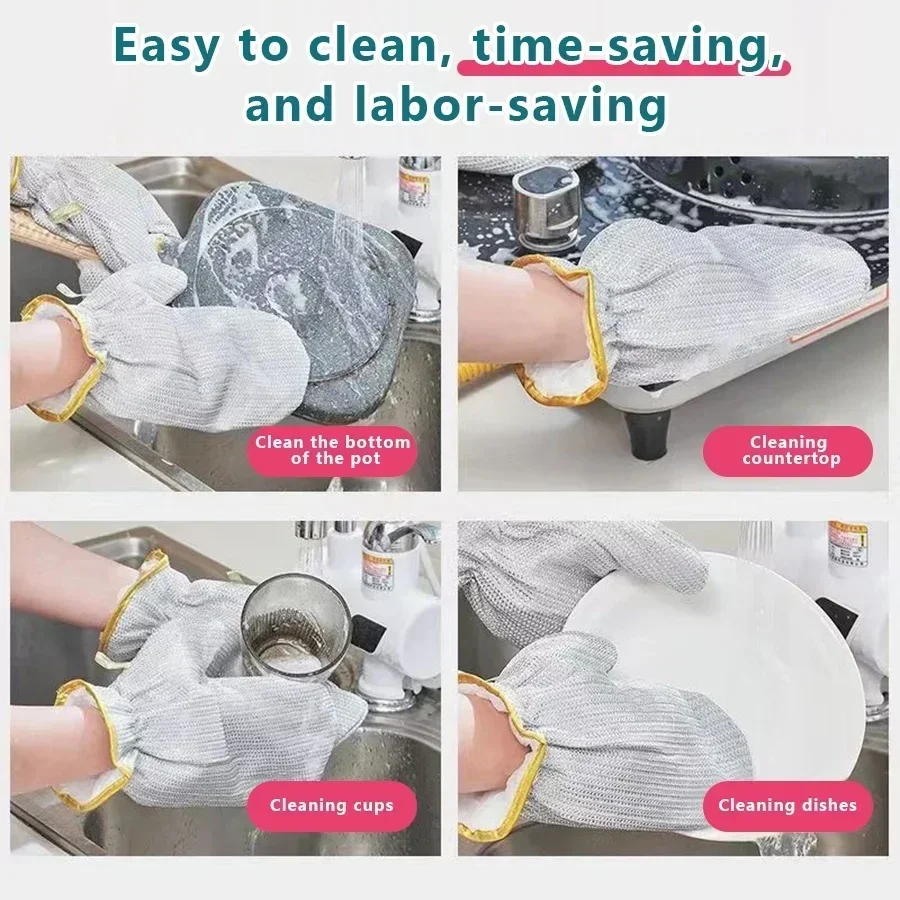 Kitchen Cleaning Gloves Steel Wire Ball Dishwashing Gloves Waterproof Brush Oil Bowl Artifact Household Cleaning Gloves 4/1Pcs