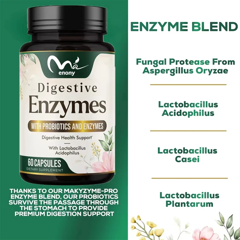 Digestive enzyme containing probiotics and bromelain - supports digestion, bloating, and intestinal health, non GMO -60 capsules