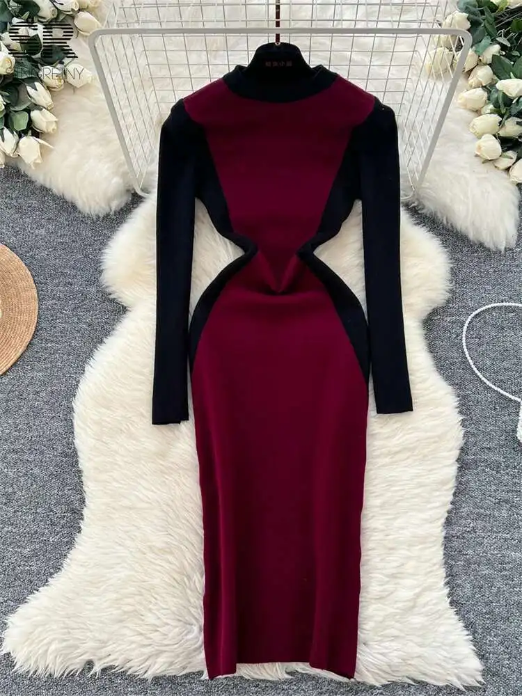 BabYoung الشتاء كتلة اللون محبوك فستان المرأة عادية س الرقبة طويلة الأكمام مطاطا موضة الخريف السيدات فساتين سترة شتاء
