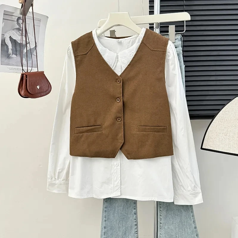 Caramel Layered Women's Vest Spring Autumn 2025 New Outerwear Short Sleeveless Jacket Shoulder Pad Top for Small Figures