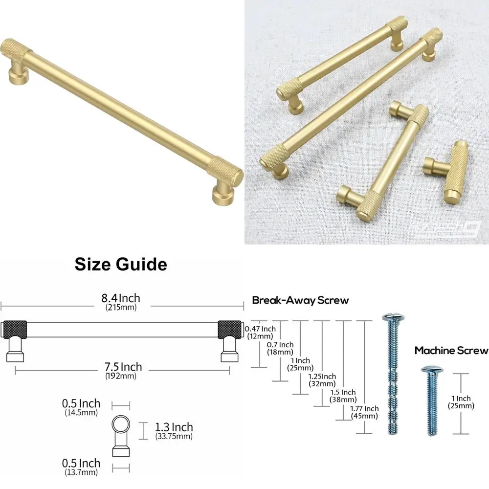 Matte Gold Cabinet Pulls 7-1/2 Inch Hole Centers, 10-Pack Knurled Handles for Kitchen Cabinets and Drawers