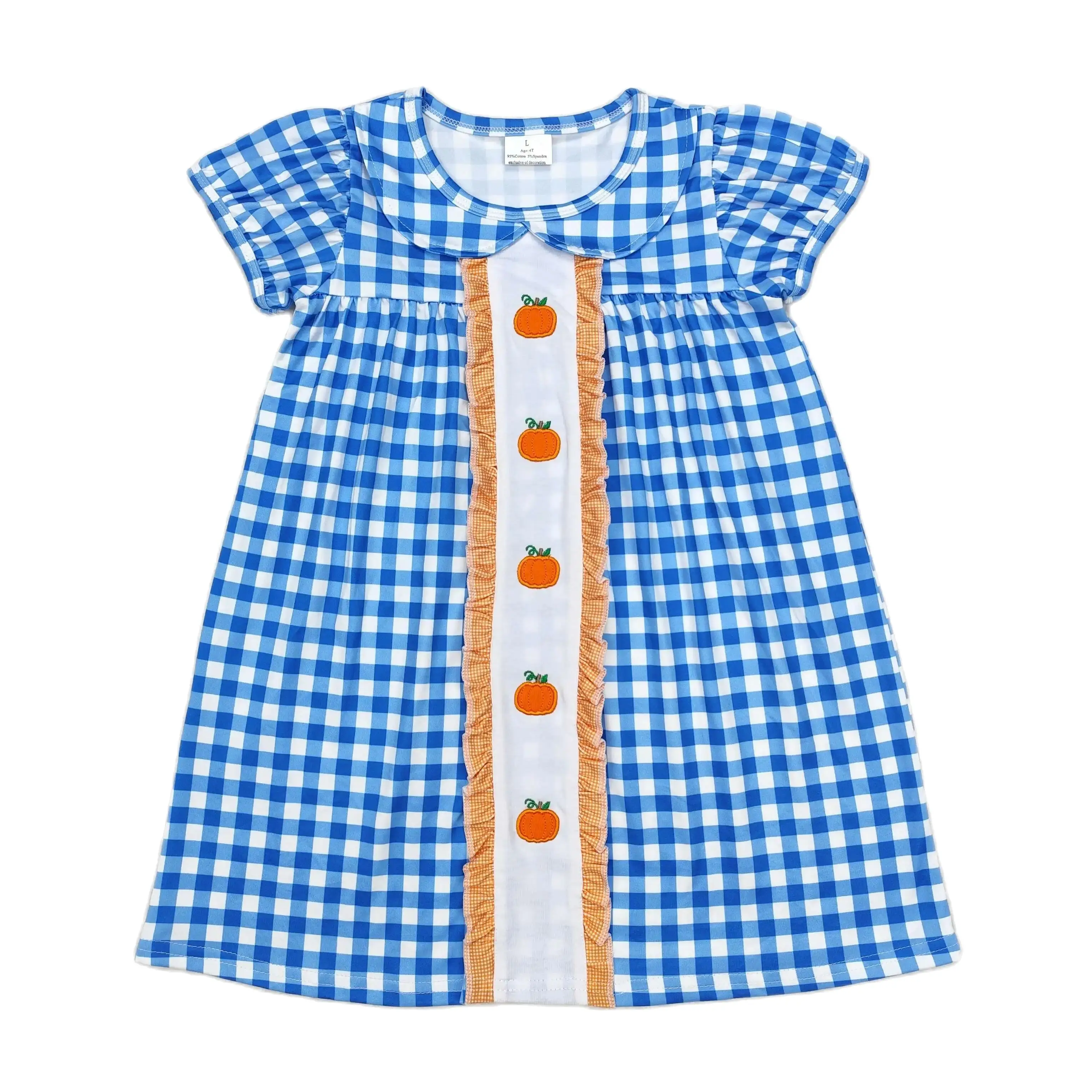 GSD1412 Fashionable Kids Dress For Girls Short Sleeve Embroidered Pumpkin Blue Plaid Doll Print With Dress  Children Clothes Rts