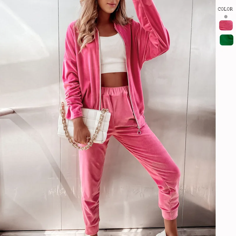 Velour Tracksuit Women Outfit Spring Autumn Sport Suit Long Sleeve Zip Up Jacket Sweater+pant Running Jogging Workout Casual Set