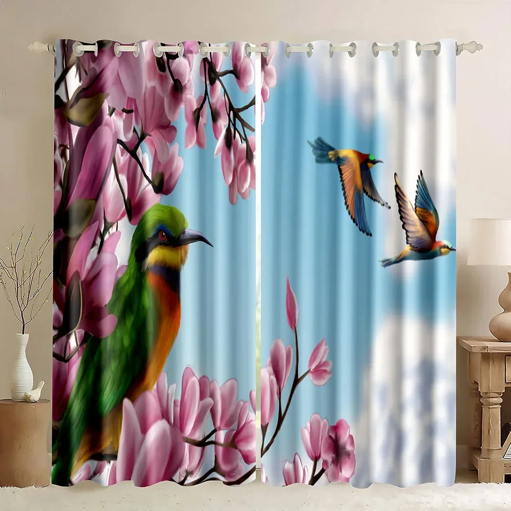 Floral Window Curtains Colorful Flowers Birds Retro Aesthetic Art Print Room Darkening Farmhouse Country Style Blackout Curtain