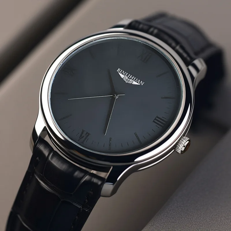2027 Classic Men Quartz Watch Black Roman Dial Glossy  Leather Strap Business Casual Wristwatch Male Reloj Hombre` ﻿