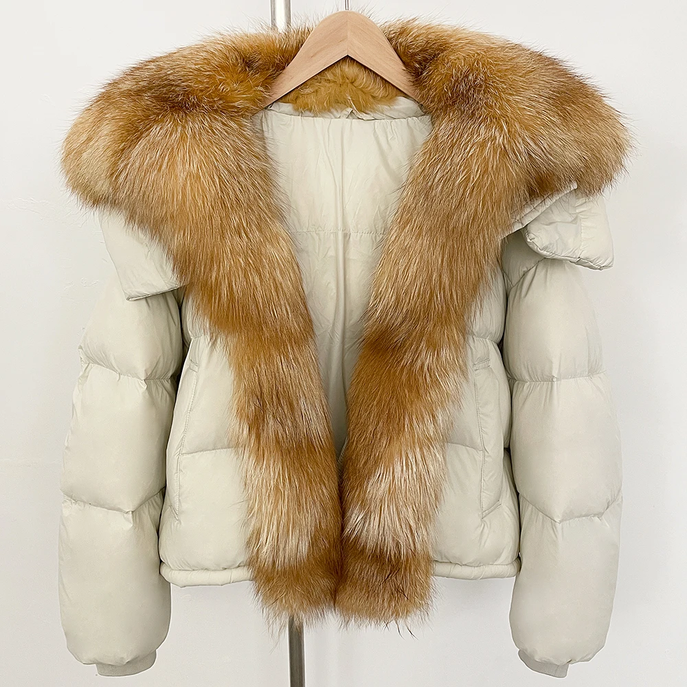 New Big Real Raccoon Fox Fur Collar Puffer Jacket Women New Autumn Winter Clothing Female Fashion Short White Duck Down Coat